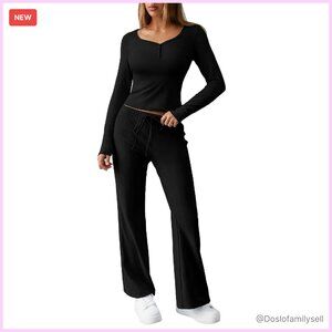 Long Sleeve Button Down Top Flared Pants Lounge Set Casual Chic Comfort